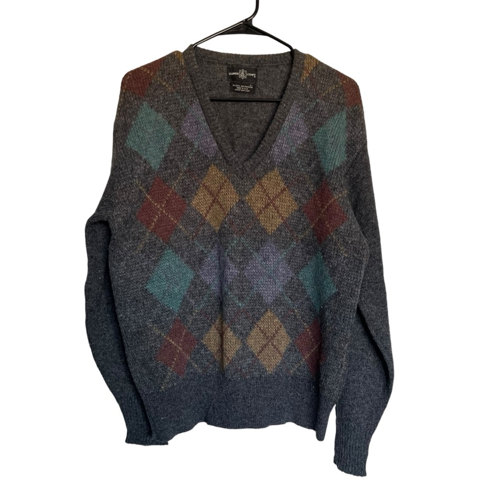 Vintage Clipper Craft Pastel Argyle Plaid V Neck Wool Blend Gray Sweater Size L